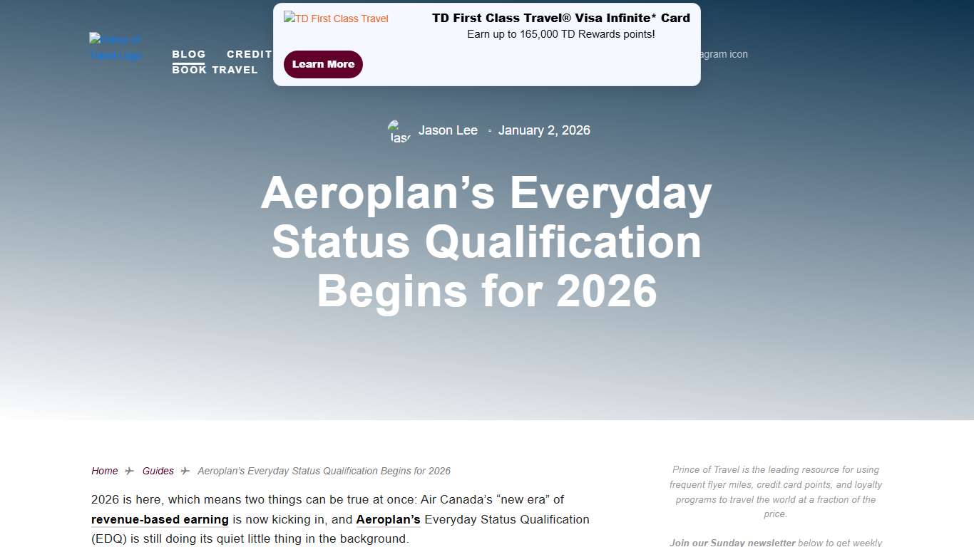 Aeroplan's Everyday Status Qualification Begins for 2026 Prince of Travel